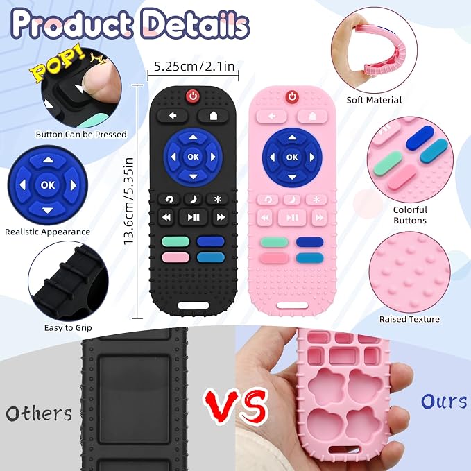 Teething Relief Teether Toys for Babies 3 6 9 12 Month Gifts, Silicone Sensory Remote Control Baby Chew Toy for Newborn Infant Autism Boy Girl Birthday or Easter, Pink & Black