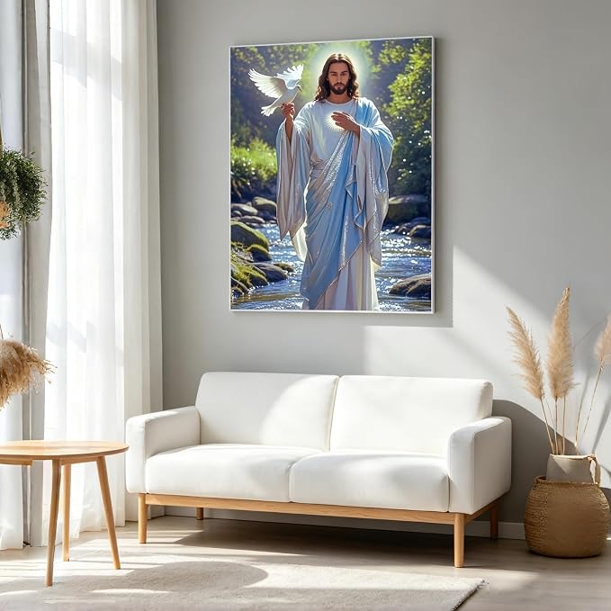 CHWGLFGG Jesus White Dove Diamond Painting Kit for Adults, Religious 5D Full Round Drill Diamond Art Beginners Canvas for Home Wall Decor, DIY Paint by Diamonds Dot Gem Craft12x16 Inch