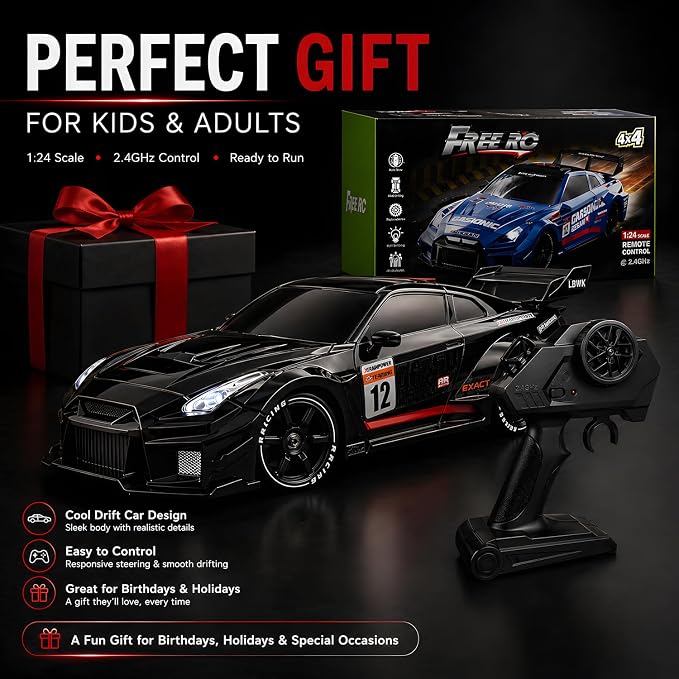 HTURCCOP 1:24 RC Drift 2.4GHz with LED Light Race Car Toys for Boys and Girls Aged 6+ Speed Adjustable up to 23Km/H, High-Speed RC Racing Cars Toy Gift for Boys & Girls (Black)
