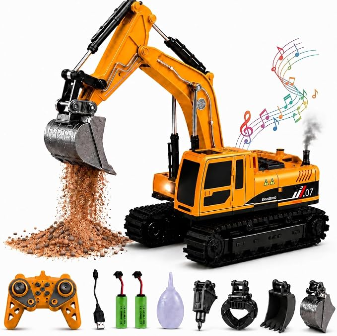 Remote Control Excavator Toy 4-in-1 RC Construction Vehicle with Metal Bucket, Alloy Drill, Grapple Claw, 680° Rotation, Smoke Spray, Sounds, 2 Batteries, Digger Gift for Boys 3-8+