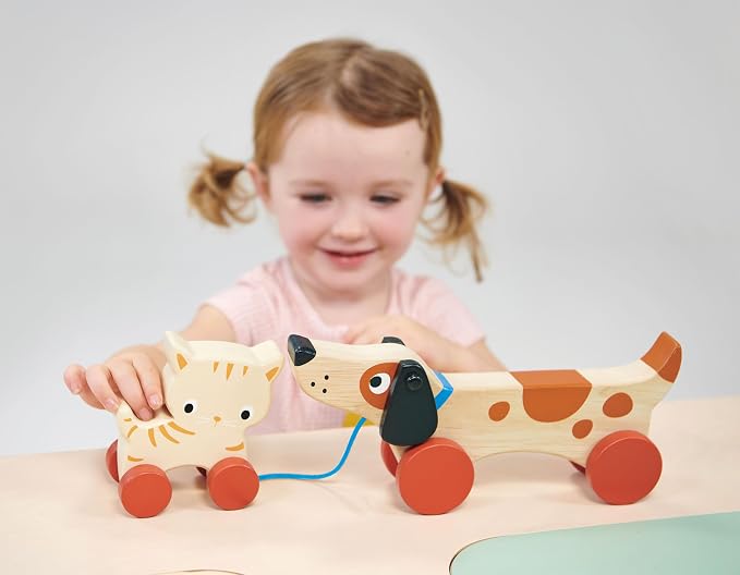 Mentari Toys - Puppy on Wheels - Wooden Dog Pull Toy for Toddler Walking for 18M+ Boys and Girls - Sustainable Rubberwood - Educational Motor Skills & Imaginative Play - Gift for Preschoolers