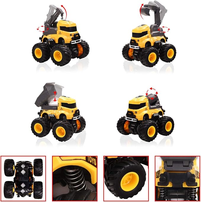 Construction Truck Toys, Push and Go Toy Trucks for Toddlers Kids Age 3-8, 4 Pack Friction Powered Car Toys Include Crane Mixer Excavator Dump Truck Best Christmas Birthday Gift for Boys Girls