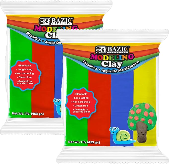 BAZIC Products 4 Primary Color Modeling Clay, 1 lb, Non-Hardening, for Sculpting Art Crafts, Reusable, 2 Pack