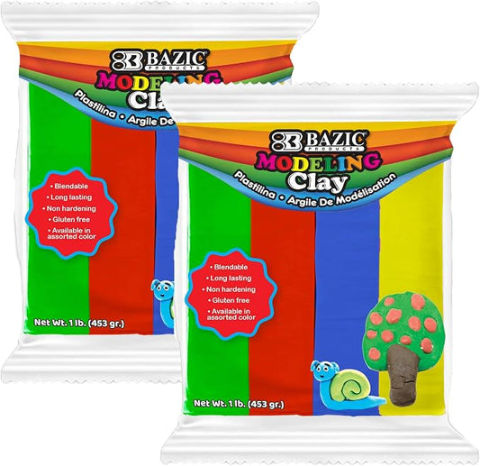 BAZIC Products 4 Primary Color Modeling Clay, 1 lb, Non-Hardening, for Sculpting Art Crafts, Reusable, 2 Pack