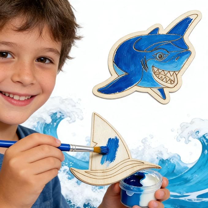 Xvvti 12PCS Shark Party Favors- DIY Shark Wood Painting Kits with Art Supplies – Fun Thank You Gifts, Birthday Party& Goodie Bag Stuffer