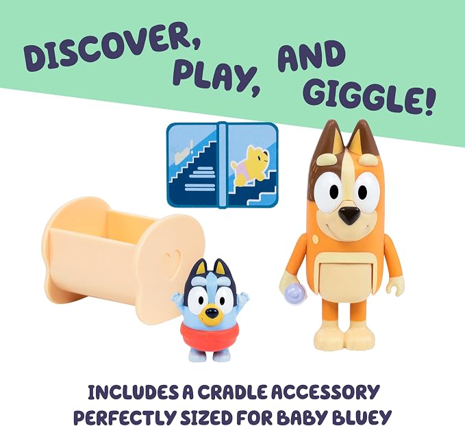 Bluey Baby Race Toy Figurines Pack of 2, Articulated Character Toys with Chilli, and Baby in Cradle Accessory, Small Action Figures Ages 3+