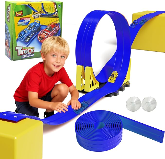 20ft Build Anywhere Portable Race Track with Suction Cups - Flexible Roll-Up Design Fits 1/64 Scale Cars, Portable Toy Gift for Kids 4+ Year Old (2 Tracks/Blue)