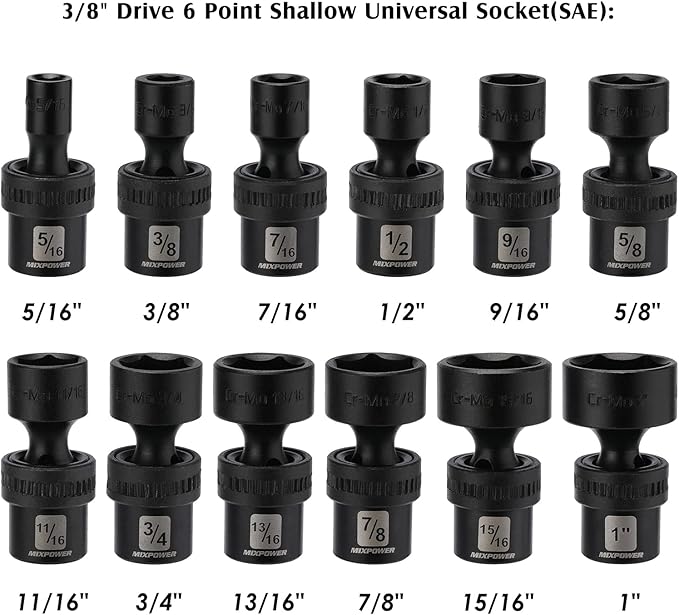 MIXPOWER 3/8" Drive Shallow Impact Universal Joint Swivel Socket Set, SAE, 5/16" - 1", Shallow, Flexible Wobble, Chrome Molybdenum Steel, 12 Pieces Set