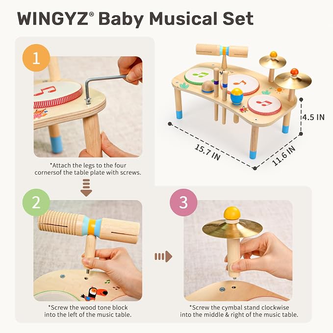 WINGYZ 11-in-1 Toddler Drum Set-Low Noise Wooden Baby Musical Instruments for Toddlers 1-3 & Montessori Musical Toys,Music Table with Bongo Drums, Cymbals, Maracas & Wrist Bells for Early Rhythm Play