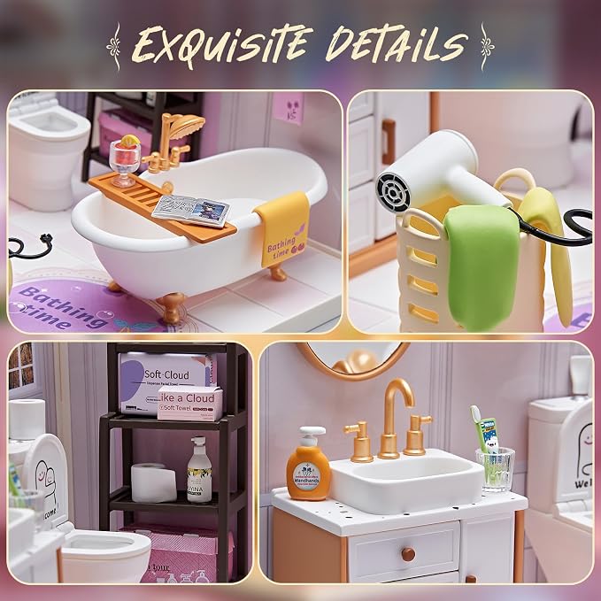 DIY Miniature Bathroom Kit with 101Pcs, 1:24 Scale Dollhouse Furniture with LED Light, Realistic Accessories & Connectable Base for Adults & Kids 8+