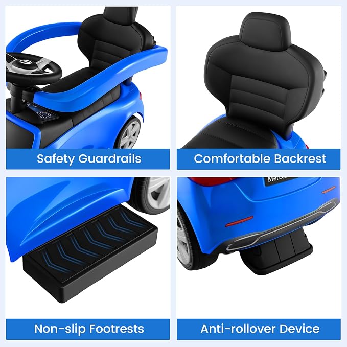 OLAKIDS Push Car for Toddlers, 3 in 1 Licensed Mercedes Benz Baby Sliding Walking with Parent Control Handle Adjustable Canopy Guardrail Under Seat Storage, Kids Ride on Toys with Horn (Blue)