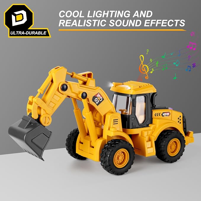 11" Excavator Toy, 1: 18 Scale, Rolling Wheels Inertia-Powered, Heavy‑Duty Plastic, with Lights & Rumbling Action, Working Boom & Bucket, Indoor/Outdoor Sandbox Vehicle for Ages 3 + - Easter Gifts