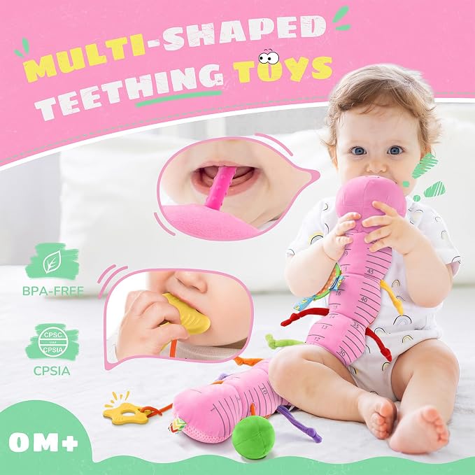 AWOTOY Baby Toys Sensory Music Caterpillar Stuffed Animals Infant Toys,Pink | Teething Toys 0-3-6-12 Months Tummy Time with Mirror Crinkle Rattle&Pull String for Newborn Boys Girls Shower Gifts Birthday