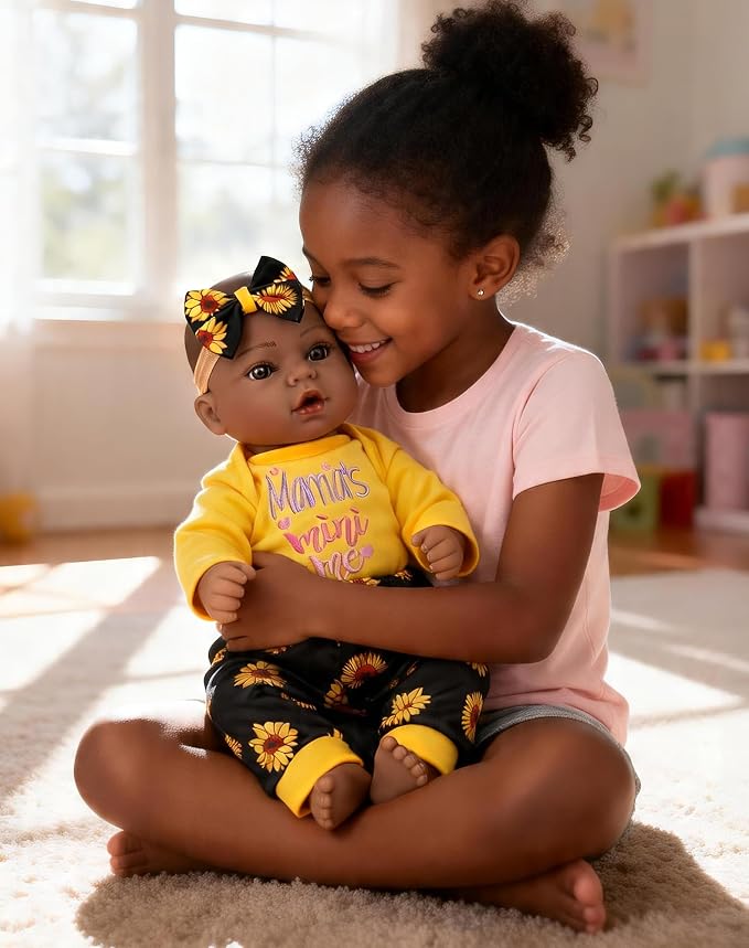 Aori Black Reborn Baby Dolls, 18 inches Real Black Baby Doll with Feeding Kit Included, Realistic Newborn Black Baby for Kids 3+, Birthday, Pretend Play