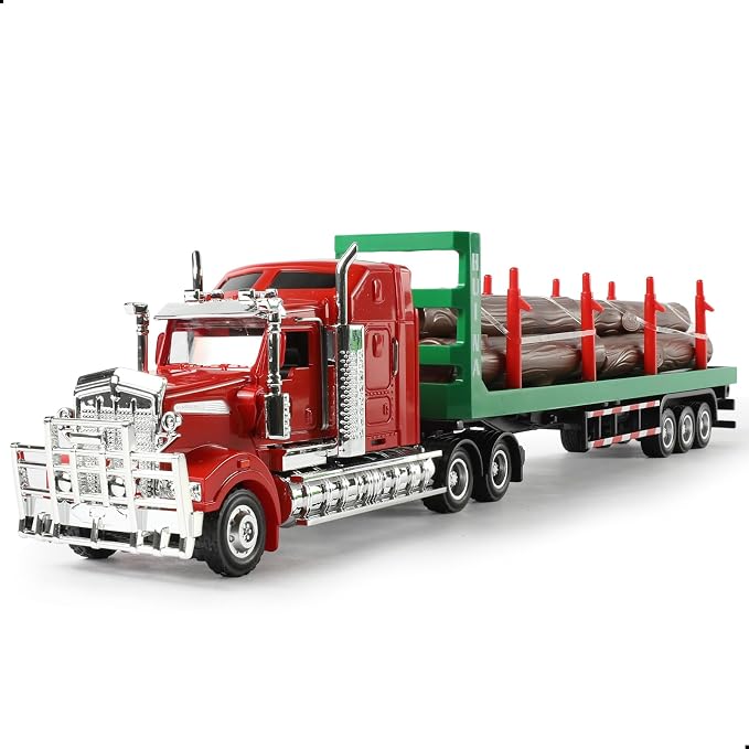 Logging Semi Truck and Trailer Toy, Large 1/50 for Kenworth W900 Diecast Metal Truck Tractor Trailer Transport Series Lumber Gifts for Boys Adult Model Car Collector -Red