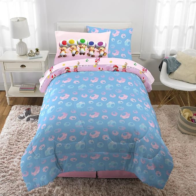 Super Mario Girl Princess Peach Girl Gamer Kids Bedding Super Soft & Cozy Reversible Microfiber Comforter and Sheet Set with Sham, 5 Piece Twin Size, (Officially Licensed Product) By Franco