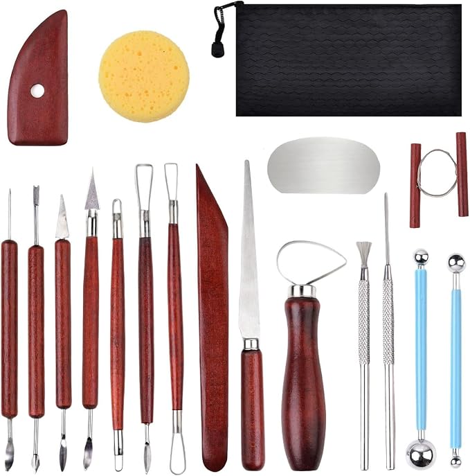 Y9A5N0K3O Clay Tools 19pcs, Sculpture Clay Carving Knife Soft, with Wooden Handles and Tool Bag, for Trimming, Embossing Pattern, Sculpting, Modeling, Shaping, for Adults and Kids
