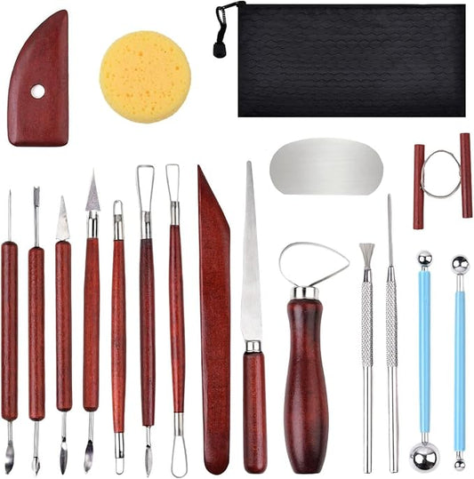 Y9A5N0K3O Clay Tools 19pcs, Sculpture Clay Carving Knife Soft, with Wooden Handles and Tool Bag, for Trimming, Embossing Pattern, Sculpting, Modeling, Shaping, for Adults and Kids