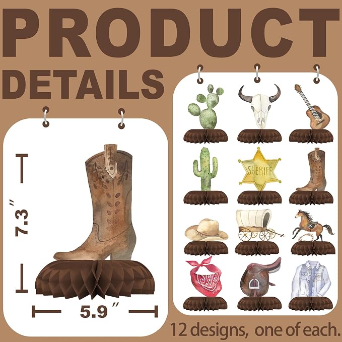 12 Pack Cowboy Table Decorations - Cowboy Party Decorations for Kids' Birthday and Themed Events - Cowboy Table Toppers