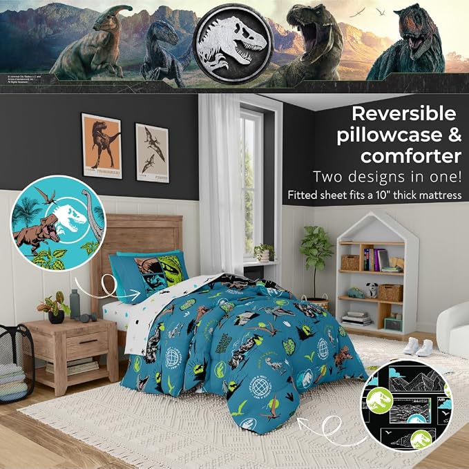 Jurassic World Kids Bedding Super Soft Cozy Reversible Microfiber Comforter and Sheet Set with Sham, 5 Piece Twin Size, (Officially Licensed Product) By Franco