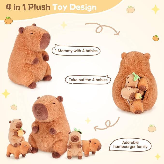 SuzziPals 5-in-1 Sitting Capybara Stuffed Animals with Babies Inside, 5PCS Set Capybara Plush with Mommy & 4 Babie, Soft Pillow Decor, Cute 3 to 8 Year Old Girl Gifts, Imaginative Play Toy(Capibara)