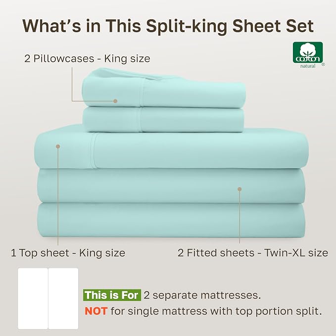 California Design Den Soft 100% Cotton Bed Sheets Split King Set, 400 Thread Count Good Housekeeping Award Winner, Smooth Sateen Finish, Deep Pockets, Cozy & Durable Split King Bedding Set - Seafoam