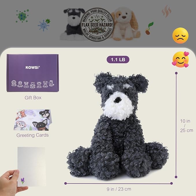 KOWSI® Microwavable Heating Pad Schnauzer Dog Plush - Weighted Stuffed Animal Toy Tourmaline Beads & Lavender - 1.1 lb for Long Lasting Cozy Warmth & Relaxation - Includes Gift Box & Greeting Card