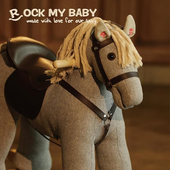 Rock My Baby Rocking Horse, Gray Wooden Rocking Toy, Rocking Animals for Children 2-6 Years Old, Ride on Pony with Realistic Sound, CPC Certified
