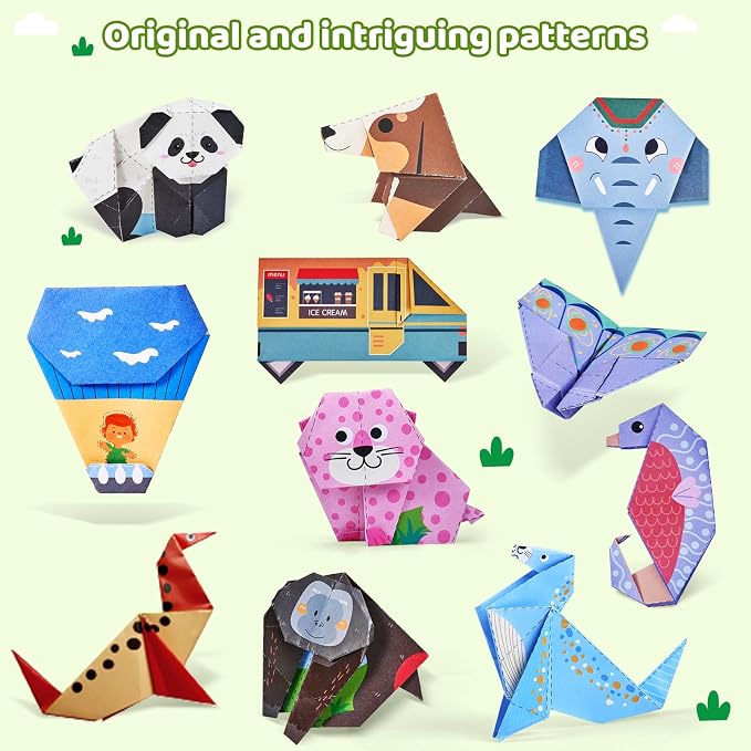 Gamenote Colorful Origami Kit for Kids 72 Projects 180 Double Sided Origami Paper 12 Sheets Practice Papers Instructional Origami Book Origami Gift for 4+ Boys Adult Beginners Training Craft, Dinosaur