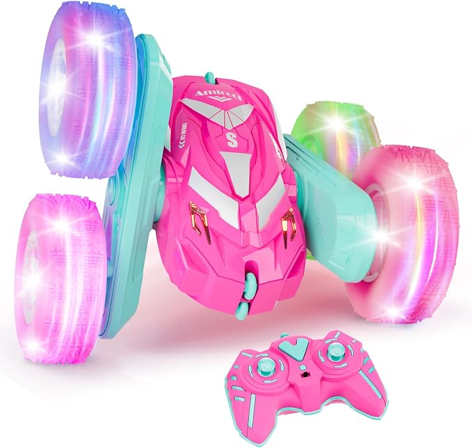 Amicool Remote Control Car for Girls 6-12 with Flashing Light, Toys 6 7 8 9 Years Old Girl Birthday Gifts Idea, RC Cars Stunt 4WD 2.4Ghz Double Sided 360° Flip, Present for Kids, Christmas, Pink
