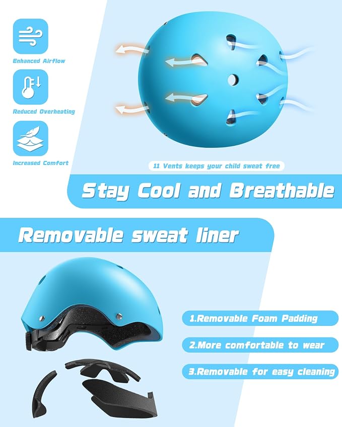 Kids Bike Helmet Set, Adjustable Helmet for Ages 2-3-5-8-14 Year Boys Girls, Toddler Pad Set with Knee and Elbow Pads for Bike, Roller, Skating, Scooter, Longboard and More Sports, 6 Color