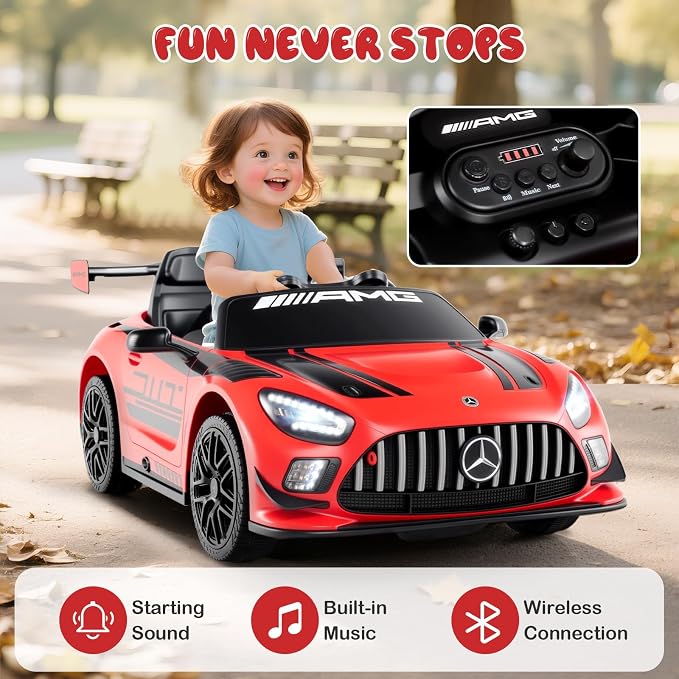 Costzon Ride on Car, 12V Licensed Mercedes-AMG GT3 Kids Car with Remote Control, 3 Speeds, LED Lights, Music, Wireless, Transport Wheels & Soft Start, Electric Vehicle for Toddlers Aged 3+ (Red)