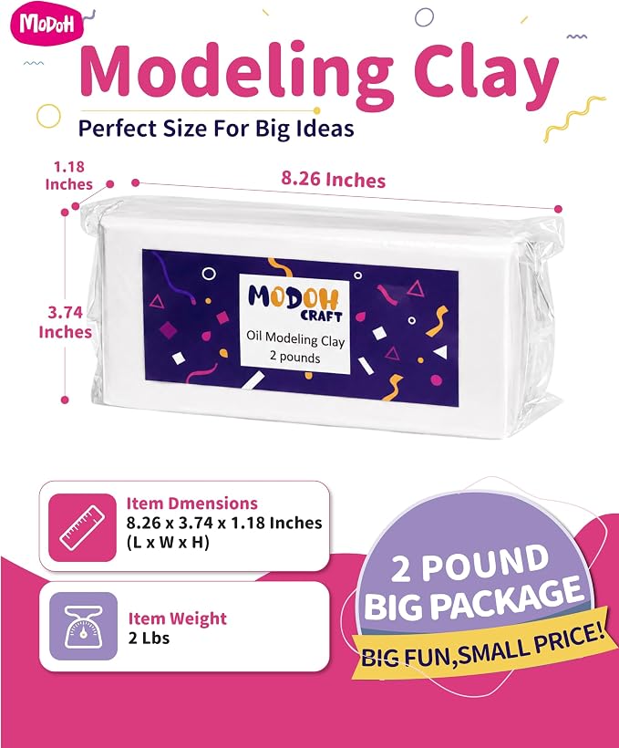 Plasticine Oil Based Modeling Clay, Non Hardening Reusable Clay, Non Toxic, Sulfur Free, No Bake, Non Drying Professional Plastilina Sculpting Clay (White, 2 Lbs) (2026 Formula Upgrade)