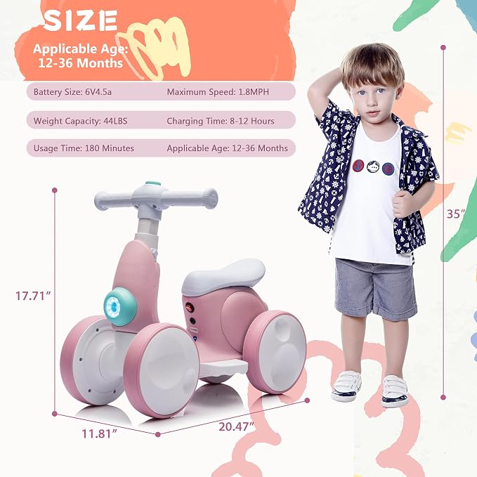 6V Electric Baby Balance Bike for 1 Year Old Boys Girls Ride on Toys 12-36 Months Toddler Balance Bike, 4 Wheels Kids First Bike with Remote Control First Birthday Gifts- Pink