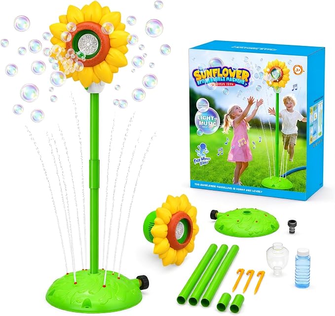 Sunflower Water Sprinkler with Bubble Machine, 4-in-1 Outdoor Sprinkler Toy for Kids with Bubbles, Lights and Music, Garden Hose Splash Toy for Backyard and Summer Parties(Sunflower)