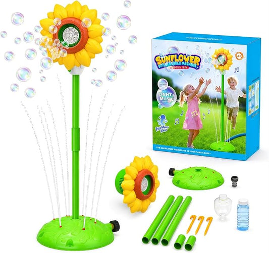 Sunflower Water Sprinkler with Bubble Machine, 4-in-1 Outdoor Sprinkler Toy for Kids with Bubbles, Lights and Music, Garden Hose Splash Toy for Backyard and Summer Parties(Sunflower)