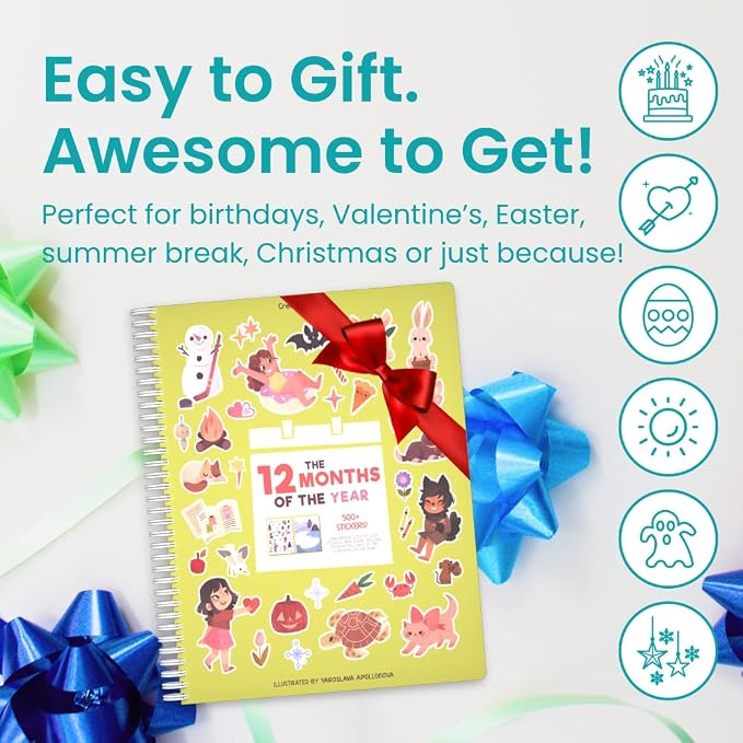 12 Months of the Year 500+ Sticker Book by Cupkin Fun Toddler Calendar Activity Coloring + Sticker Book, Road Trip Essentials, 12 Coloring Pages + Side by Side Scenes for Ages 2–8 Years
