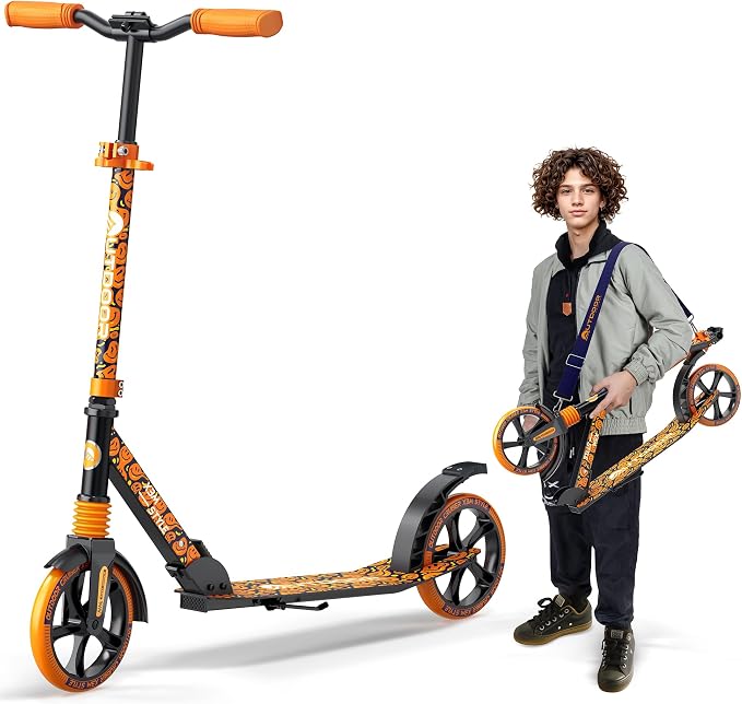 Outdoor Cruiser Kick Scooter for Ages 6+, for Kids, Teens, and Adults, Max Load 250 LBS, Foldable, 8-inch Big Wheels, Dual Suspension, 3 Adjustable Levels, Child Safety Approved, Orange