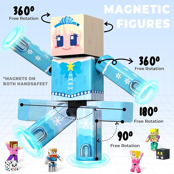 20 Pcs Magnetic Action Figures Playset, Magnetic Building Block Animal Cartoons Toys with Magnetic Cubes, 360° Rotating Arms and Legs, Creative Play Set for Kids 6+, Birthday Gifts for Boys Girls