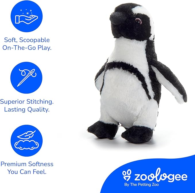 The Petting Zoo African Blackfoot Penguin Stuffed Animal Plushie, Gifts for Kids, Scoopz Zoo Animals, Penguin Plush Toy 8 Inches