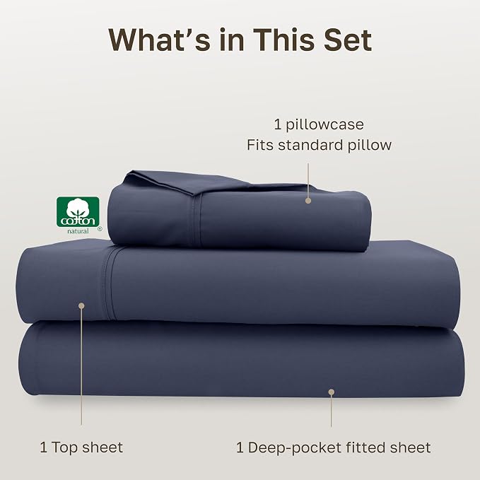California Design Den Soft 100% Cotton Twin XL Bed Sheets Set, 400 Thread Count Good Housekeeping Award Winner, Smooth Sateen Finish, Cozy and Durable Twin XL Bedding Set - Indigo Dusty Blue