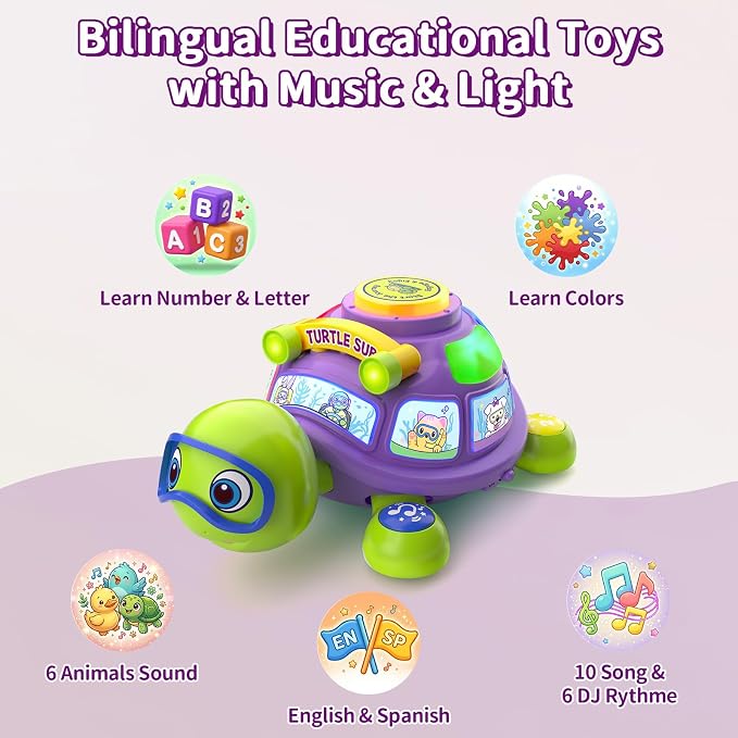 Musical Baby Toys 6-12 Months, Bilingual Educational Turtle Toys for 5 6 7 8 9 10 Months, Crawling Infants Tummy Time Toy with Light & Sound, Gifts for Baby Girl Boy 4 6 9 12 Months