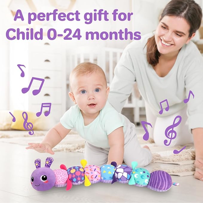 KMUYSL Baby Sensory Caterpillar Toys for 0-6 6-12 Months, Soft Plush Activity Toy with Crinkle, Rattle & Gentle Music, Tummy Time Toy for Infant Newborn, Early Development Toy Shower Gifts for Baby