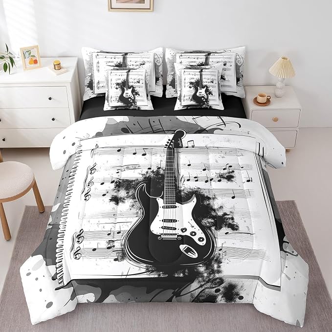 Feelyou Music 7 Pieces Bedding Set King Size Guitar Comforter Set with Sheets for Kids Boys Girls Rock Music Bed in a Bag Guitar Instruments Bed Set