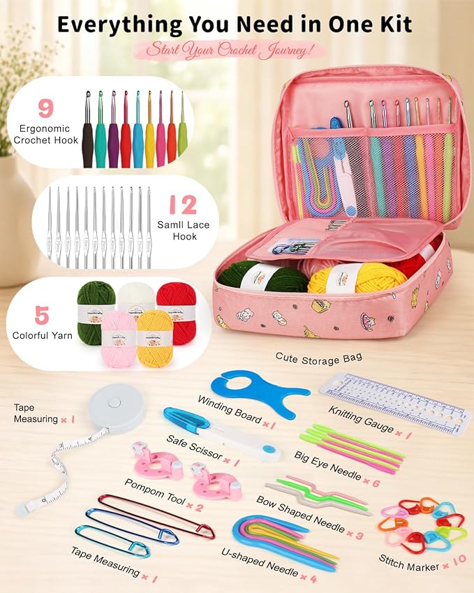 Aeelike Crochet Kit for Beginners, 59pcs Crochet Starter Kits with Yarn, Ergonomic Hooks & Storage Case, Learn-to-Crochet Set for Adults, Kids & Seniors, Ideal DIY Craft Gift for Women