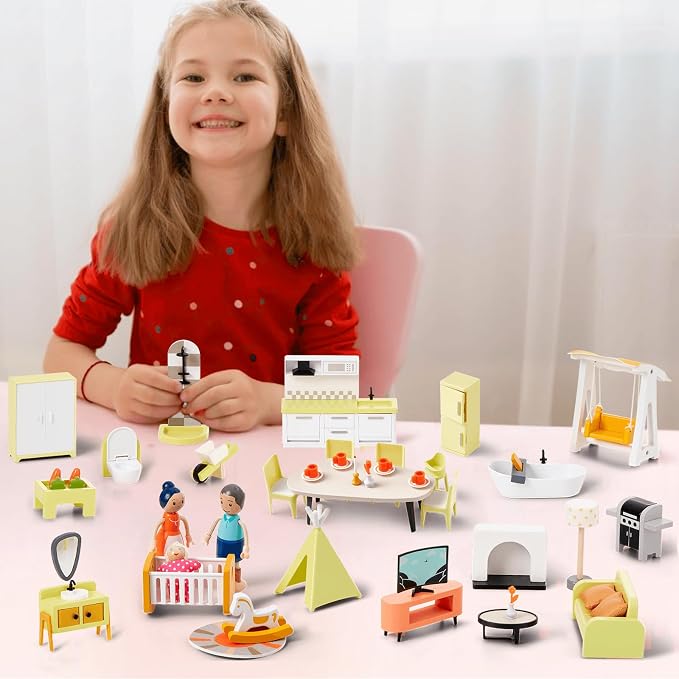 Giant bean 85pcs Wooden Plastic Dollhouse Furniture Set for 6 Rooms, Modern Dollhouse Accessories Pretend Play Furniture Toys for Boys Girls Toddlers & Kids 3 4 5 6 7 Years and up