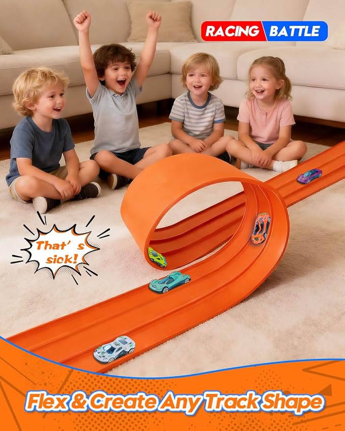 3-Lane Flex Track 15 Ft Flex Race Car Track with 6 Toy Cars,Portable DIY Racetrack Compatible Diecast 1/64th Cars for Ages 3 Up,Birthday Gifts for Boys(Orange)
