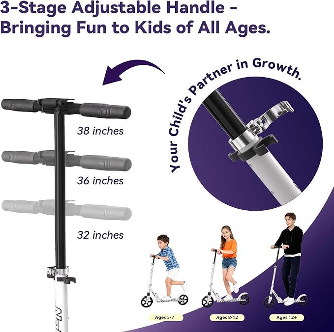 Nattork Kick Scooter for Age 6+ Kids Teens Adults, Max Load 240 LBS, Adjustable Height Foldable with 8" Large Wheels, Anti-Shock Suspension