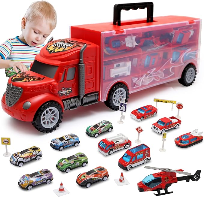Toddler Toys for 3-4 Year Old Boys,Large Transport Cars Carrier Set Truck Toys with 12-in-1 Vehicles Truck Toys Cars,Ideal Christmas Easter Gifts Toys for Kids Age 3-7,Red