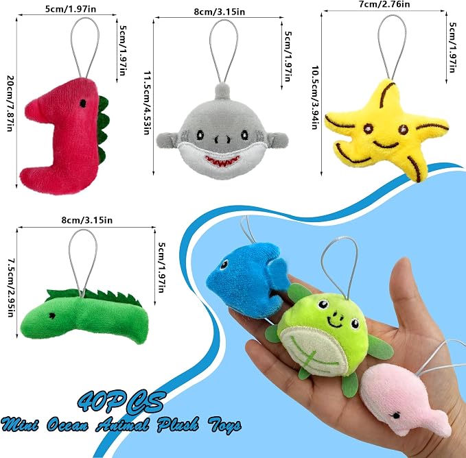 XIPEGPA 40 PCS Mini Ocean Animal Plush Toys Set Cute Small Sea Creatures Stuffed Toy Keychain for Party Favors Keychain Ornament for Goody Bag Easter Egg Stuffers Carnival Birthday Party